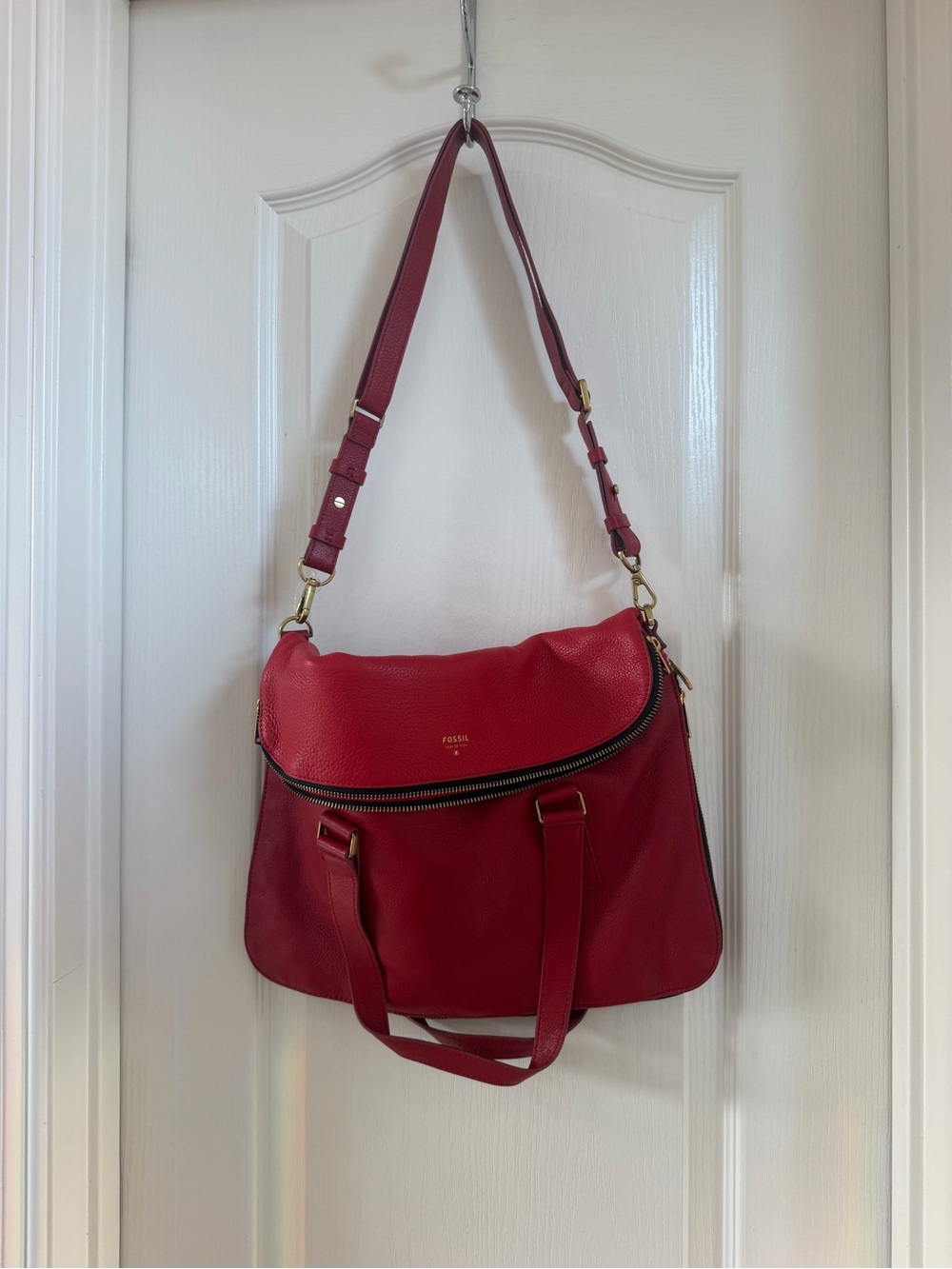 Fossil Cherry Red Leather Shoulder Bag with Gold Hardware